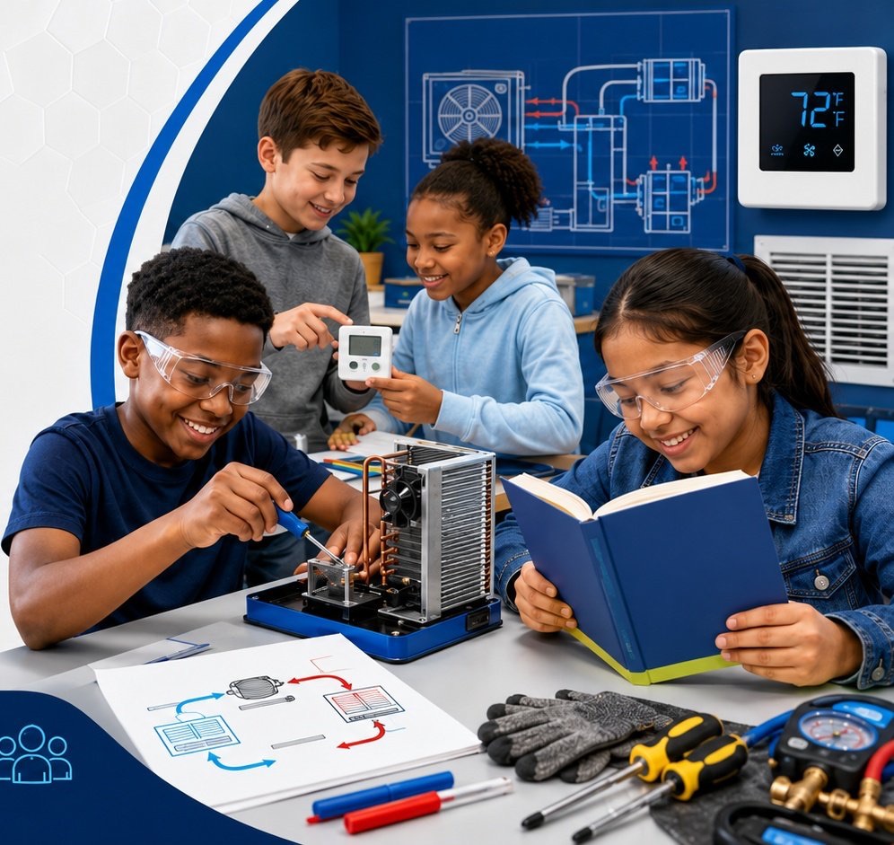 Students learning HVACR STEM with hands-on tools and equipment